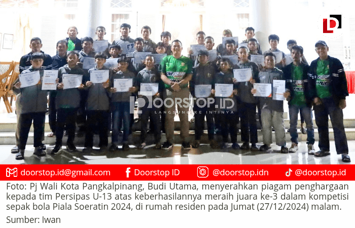 Raih Juara 3 Piala Soeratin 2024, Persipas U-13 Terima Piagam Penghargaan dari Pj Wali Kota Pangkalpinang