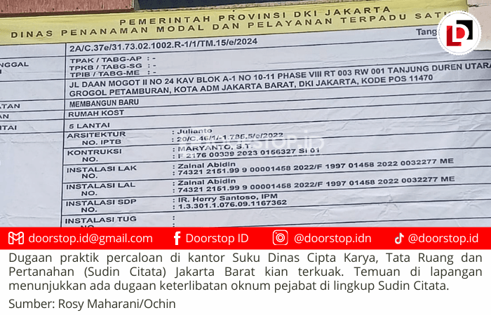 Diduga Ada ‘Saweran’ ke Oknum Pejabat Citata untuk Tutupi Pelanggaran Bangunan di Jakarta Barat